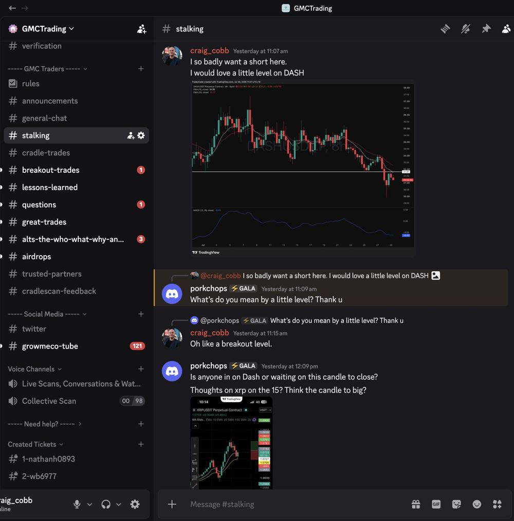 Inside the GMC Trading Discord — Craig discussing a setup in #stalking