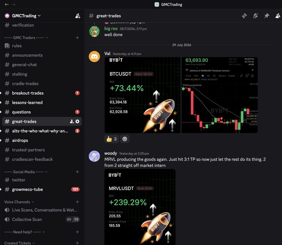 The #great-trades channel inside the GMC Trading Discord